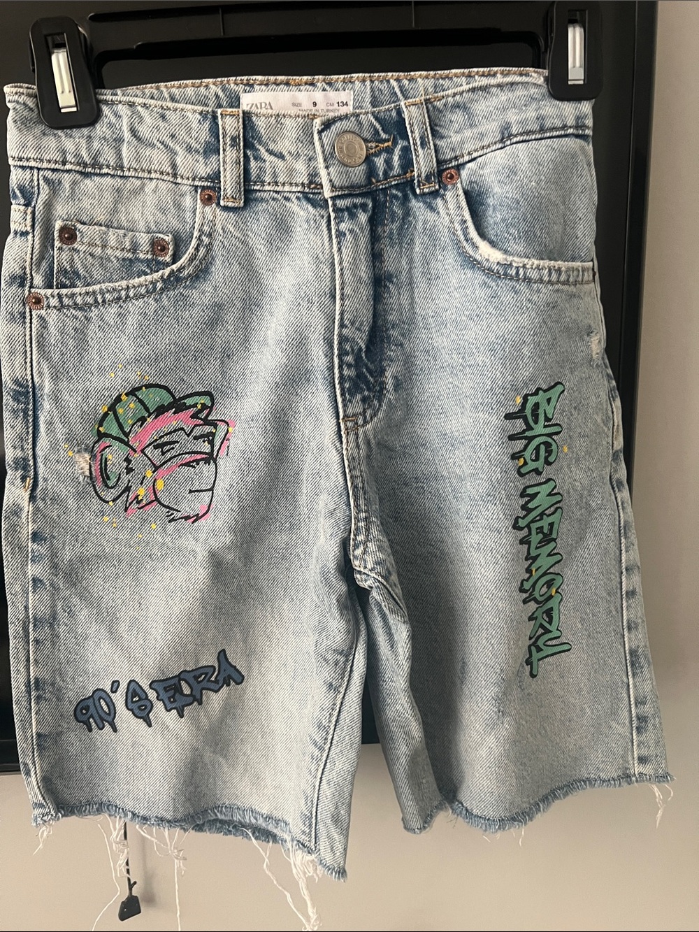 ZARA Light Wash Denim Shorts with Neon Graphic Art